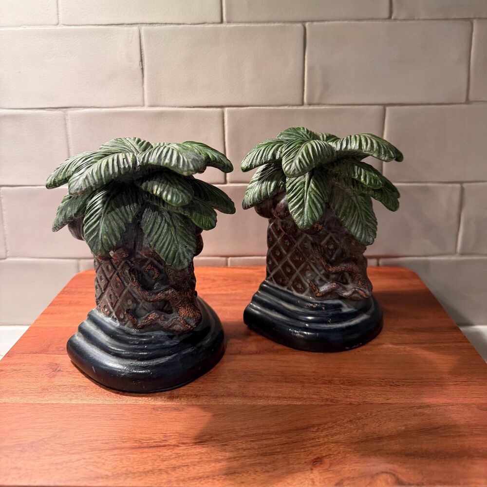 Vintage Monkey Palm Tree Bookends Pair, Heavy Resin Bronze Library Decor